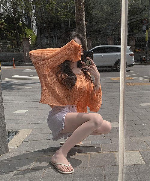 ♥2천장이상돌파♥탠저린오렌지 오프숄더 시스루 크롭 니트 (오렌지/베이지/블랙/소라/민트)